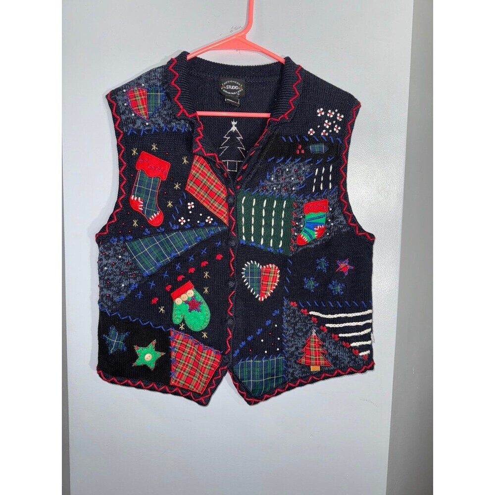 Designers Studio originals navy blue Christmas vest‎ size large